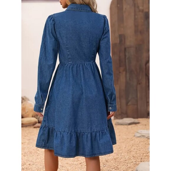 Women's Denim Dress Midi Long Puff Sleeve Button Down Casual Vacation Style - Picture 4 of 4